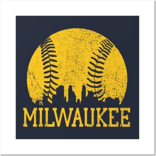 Vintage Milwaukee Downtown City Skyline Baseball For Game Day Posters and Art